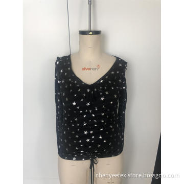 V-neck pattern gauze long sleeve top